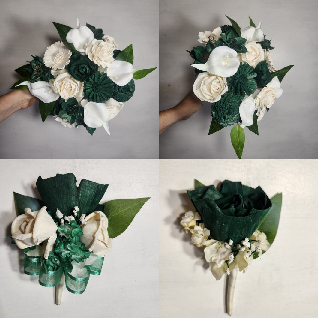 Hunter Green Ivory Rose Calla Lily Sola Wood Bridal Wedding Bouquet Accessories