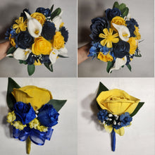 Load image into Gallery viewer, Yellow Navy Blue Rose Calla Lily Sola Wood Bridal Wedding Bouquet Accessories