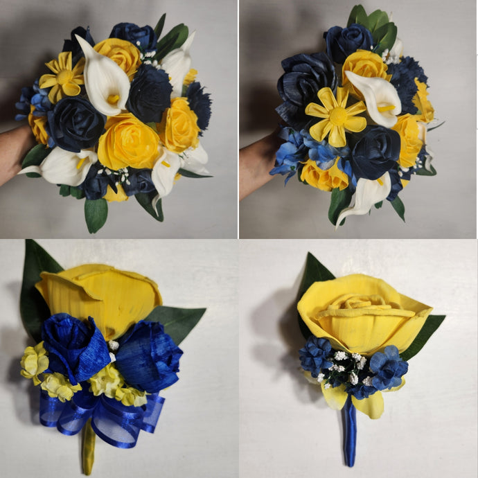 Yellow Navy Blue Rose Calla Lily Sola Wood Bridal Wedding Bouquet Accessories