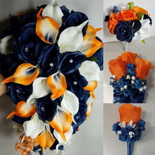 Load image into Gallery viewer, Orange Navy Blue Rose Calla Lily Bridal Wedding Bouquet Accessories