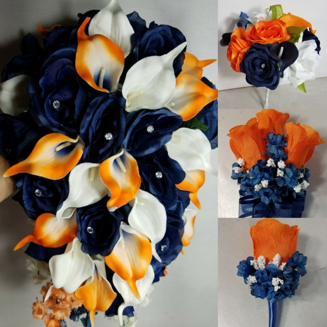 Orange Navy Blue Rose Calla Lily Bridal Wedding Bouquet Accessories