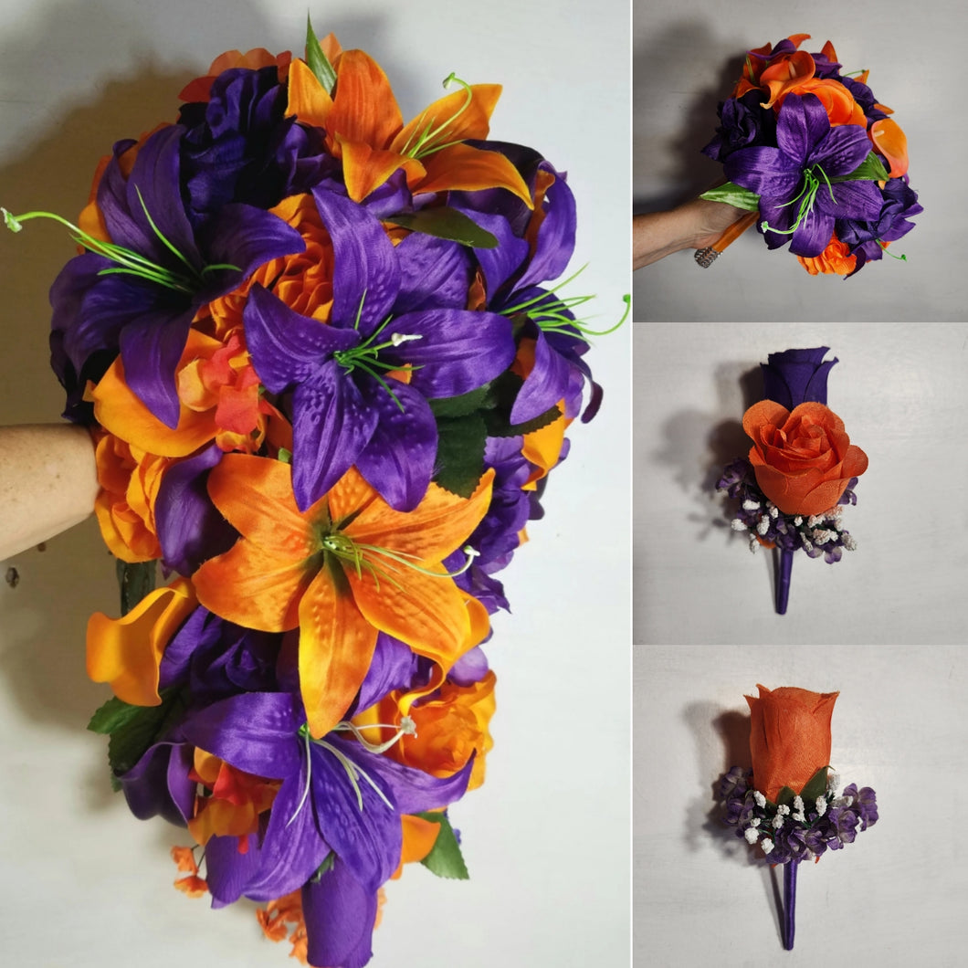 Orange Purple Rose Tiger Lily Bridal Wedding Bouquet Accessories