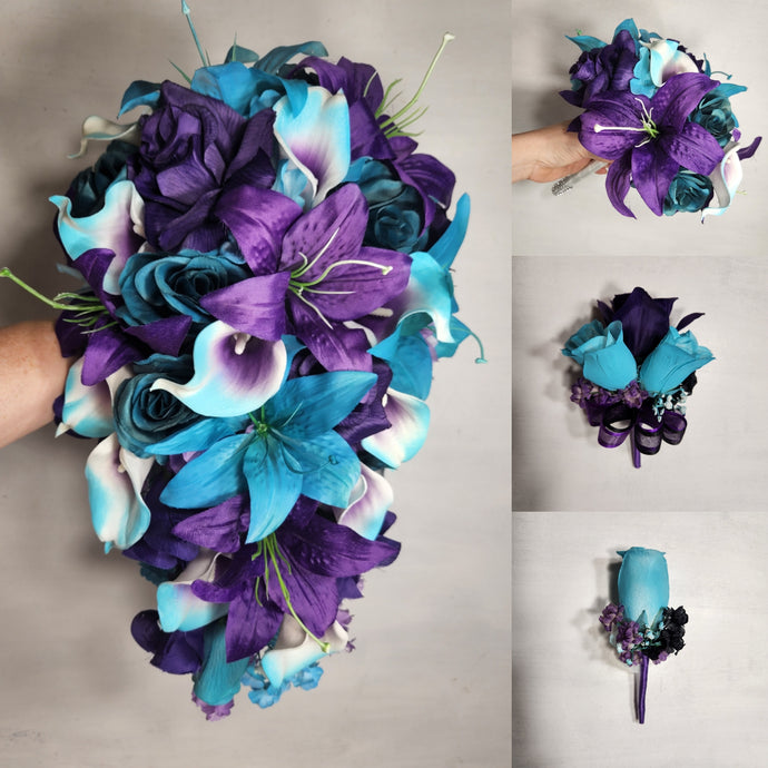 Purple Teal Rose Tiger Lily Bridal Wedding Bouquet Accessories