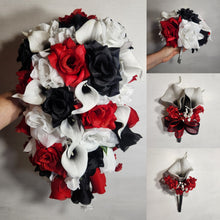 Load image into Gallery viewer, Red Black White Rose Calla Lily Bridal Wedding Bouquet Accessories