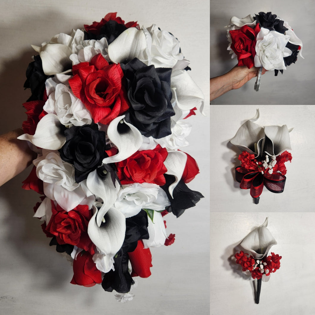 Red Black White Rose Calla Lily Bridal Wedding Bouquet Accessories