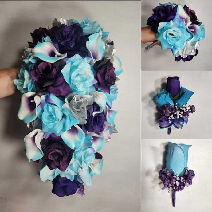 Purple Turquoise Eggplant Silver Rose Calla Lily Bridal Wedding Bouquet Accessories