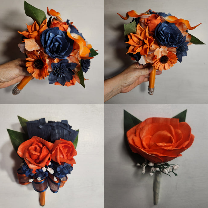 Orange Navy Blue Rose Calla Lily Sola Wood Bridal Wedding Bouquet Accessories