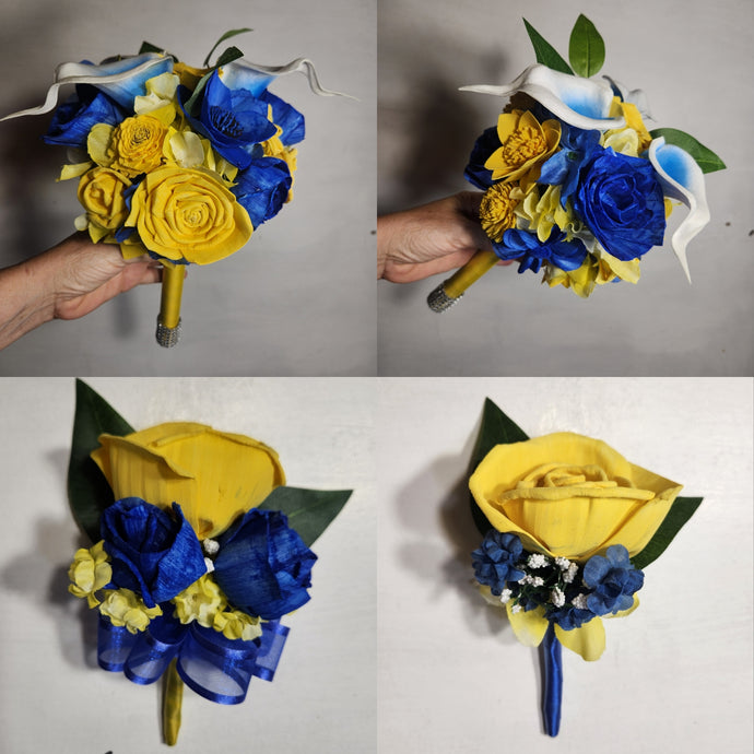 Yellow Royal Blue Rose Calla Lily Real Touch Bridal Wedding Bouquet Accessories