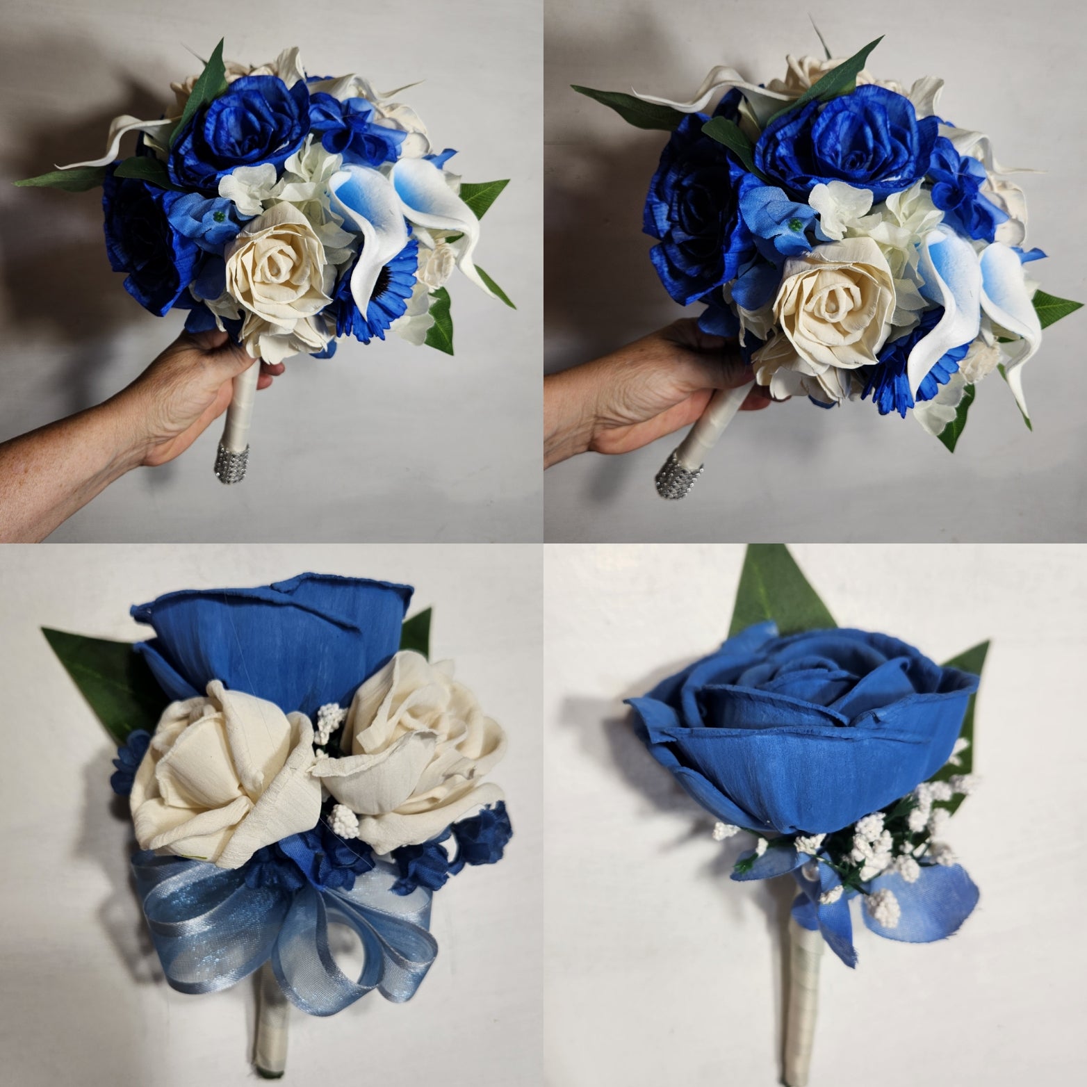 Royal Blue Ivory Rose Call Lily Sola Wood Bridal Wedding Bouquet Accessories, image size:1564x1564