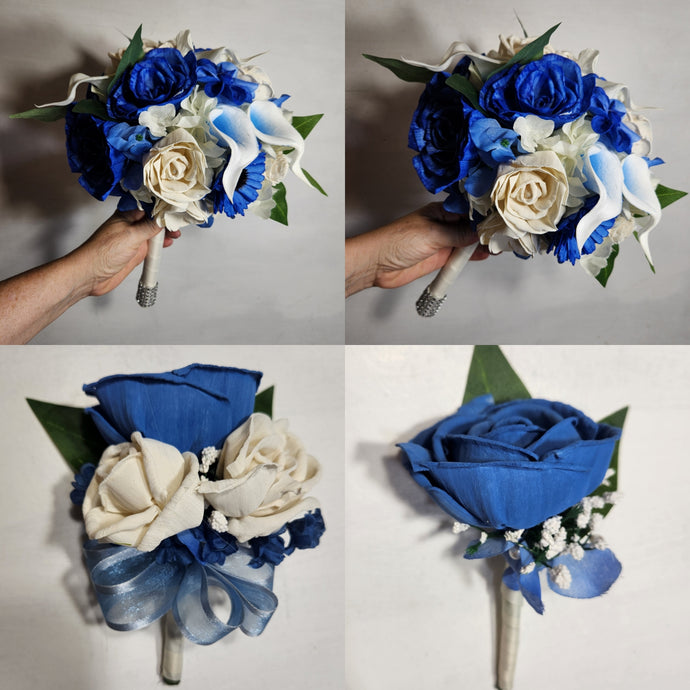 Royal Blue Ivory Rose Call Lily Sola Wood Bridal Wedding Bouquet Accessories