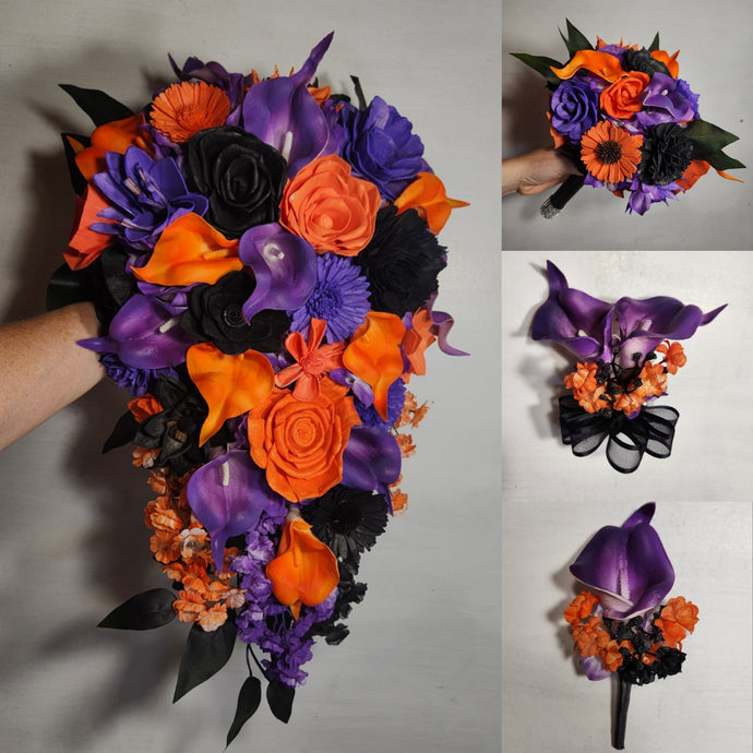 Purple Orange Black Rose Calla Lily Sola Wood Bridal Wedding Bouquet Accessories