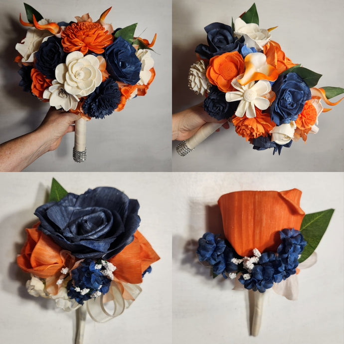 Orange Navy Blue Ivory Rose Calla Lily Sola Wood Bridal Wedding Bouquet Accessories