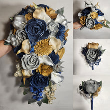 Load image into Gallery viewer, Navy Blue Silver Gold Rose Calla Lily Sola Wood Bridal Wedding Bouquet Accessories