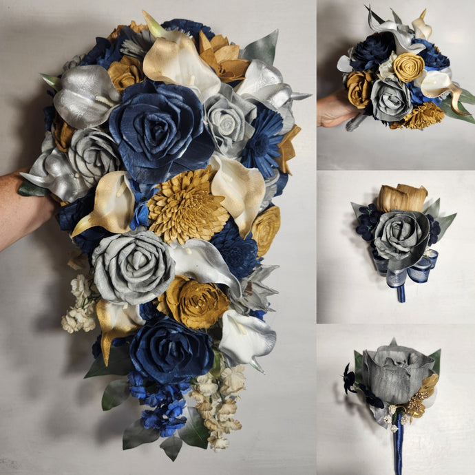 Navy Blue Silver Gold Rose Calla Lily Sola Wood Bridal Wedding Bouquet Accessories