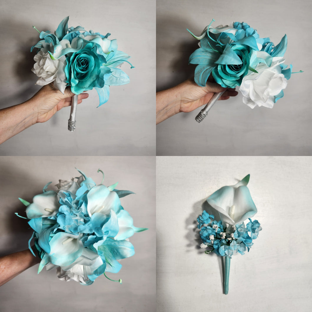 Aqua White Rose Tiger Lily Bridal Wedding Bouquet Accessories