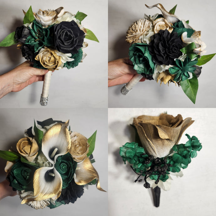 Green Black Gold Rose Calla Lily Sola Wood Bridal Wedding Bouquet Accessories