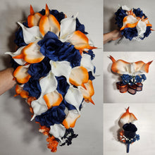 Load image into Gallery viewer, Orange Navy Blue Rose Calla Lily Bridal Wedding Bouquet Accessories