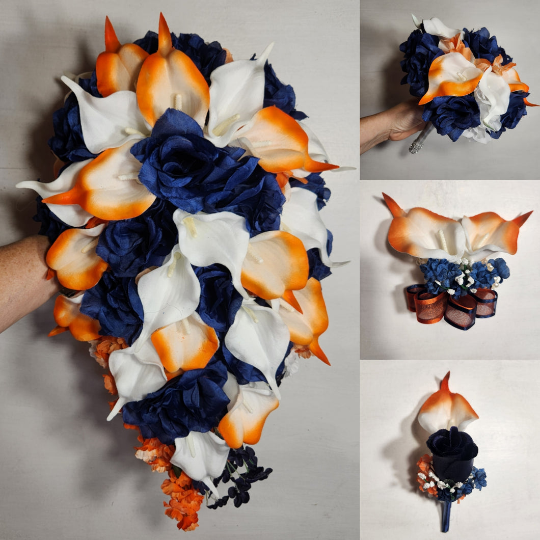 Orange Navy Blue Rose Calla Lily Bridal Wedding Bouquet Accessories