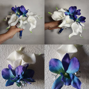 Peacock Ivory Calla Lily Galaxy Orchid Bridal Wedding Bouquet Accessories