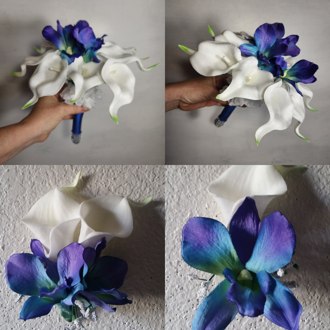 Peacock Ivory Calla Lily Galaxy Orchid Bridal Wedding Bouquet Accessories