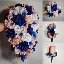 Load image into Gallery viewer, Peach Royal Blue White Rose Calla Lily Bridal Wedding Bouquet Accessories