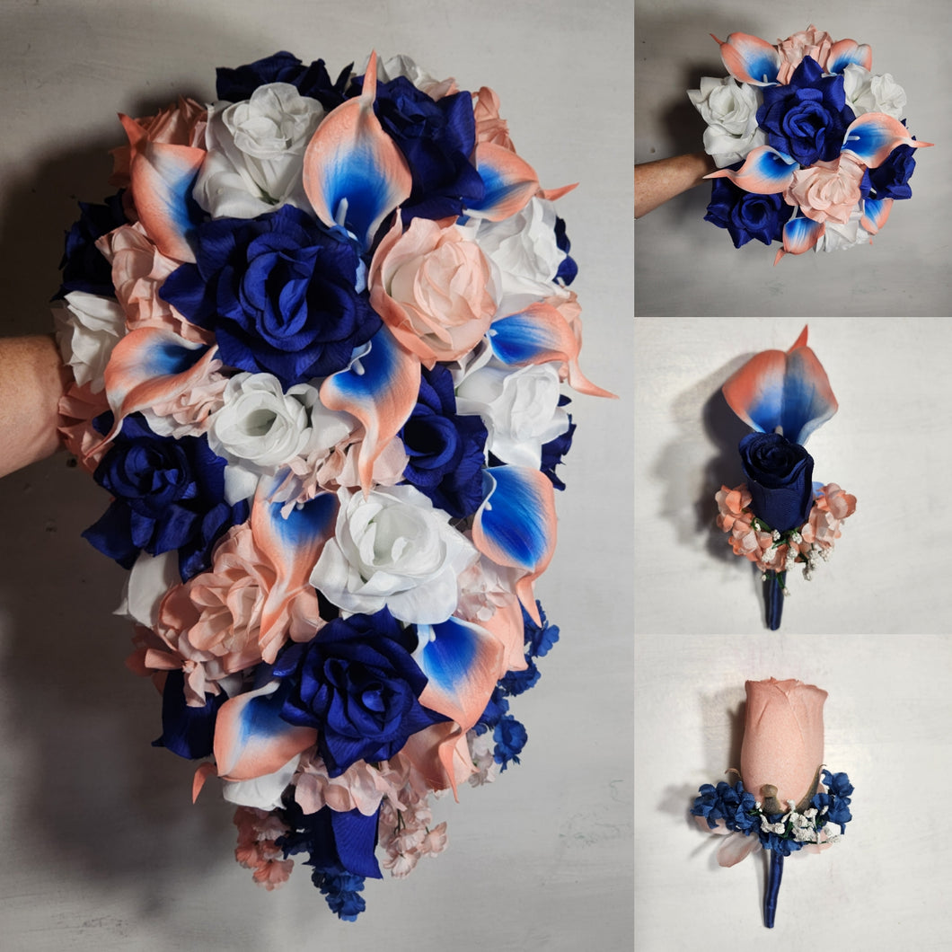 Peach Royal Blue White Rose Calla Lily Bridal Wedding Bouquet Accessories