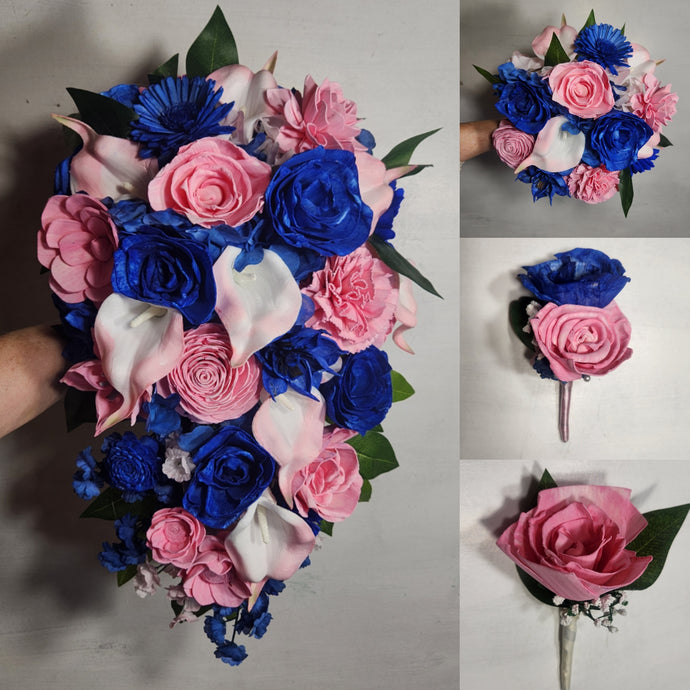 Pink Royal Blue Rose Calla Lily Sola Wood Bridal Wedding Bouquet Accessories