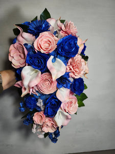 Pastel Pink Peach Royal Blue Rose Calla Lily Sola Bridal Wedding Bouquet Accessories