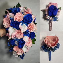 Load image into Gallery viewer, Pastel Pink Peach Royal Blue Rose Calla Lily Sola Bridal Wedding Bouquet Accessories