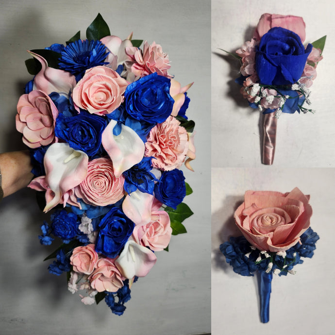 Pastel Pink Peach Royal Blue Rose Calla Lily Sola Bridal Wedding Bouquet Accessories