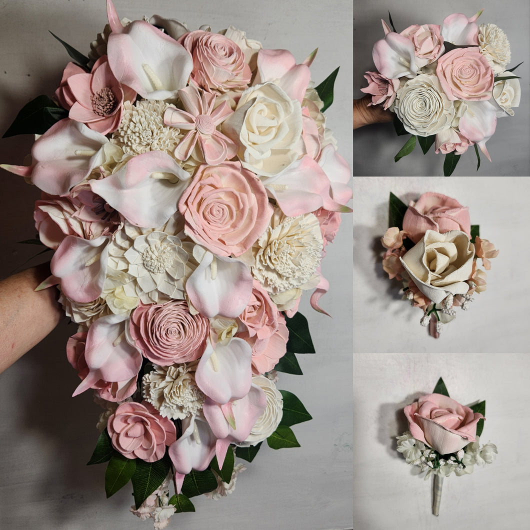 Blush Pink Ivory Rose Calla Lily Sola Bridal Wedding Bouquet Accessories