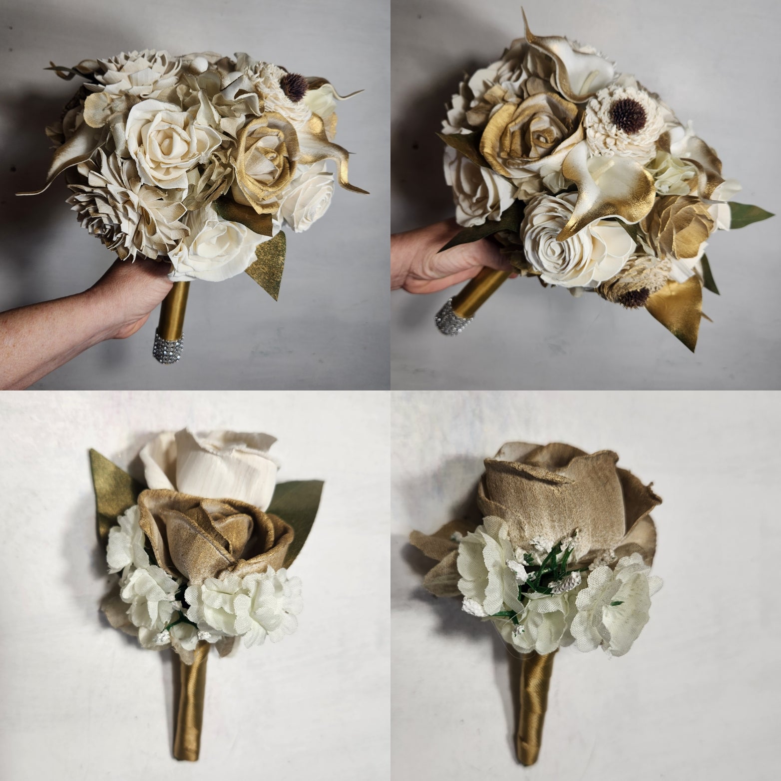 Antique Gold Ivory Rose Calla Lily Sola Bridal Wedding Bouquet