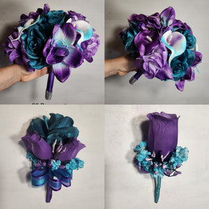 Dusty Purple Teal Rose Orhid Bridal Wedding Bouquet Accessories