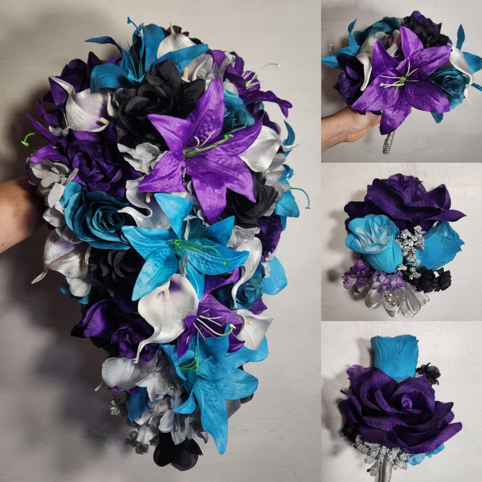 Purple Black Teal Silver Rose Calla Lily Bridal Wedding Bouquet Accessories, image size:1564x1564