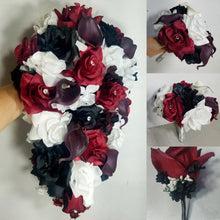 Load image into Gallery viewer, Burgundy Black White Rose Calla Lily Bridal Wedding Bouquet Accessories