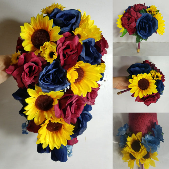 Burgundy Navy Blue Sunflower Bridal Wedding Bouquet Accessories