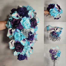 Load image into Gallery viewer, Turquoise Purple Eggplant Silver Rose Calla Lily Bridal Wedding Bouquet Accessories