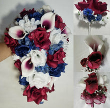 Load image into Gallery viewer, Burgundy Navy Blue White Rose Calla Lily Bridal Wedding Bouquet Accessories