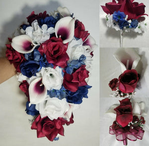 Burgundy Navy Blue White Rose Calla Lily Bridal Wedding Bouquet Accessories