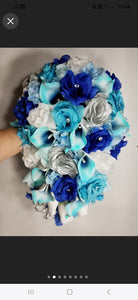 Turquoise Silver White Royal Blue Rose Calla Lily Bridal Wedding Bouquet Accessories