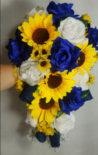 Load image into Gallery viewer, Royal Blue White Rose Sunflower Bridal Wedding Bouquet Accessories
