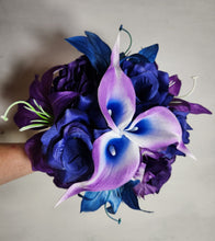 Load image into Gallery viewer, Purple Royal Blue Rose Tiger Lily Bridal Wedding Bouquet Accessories