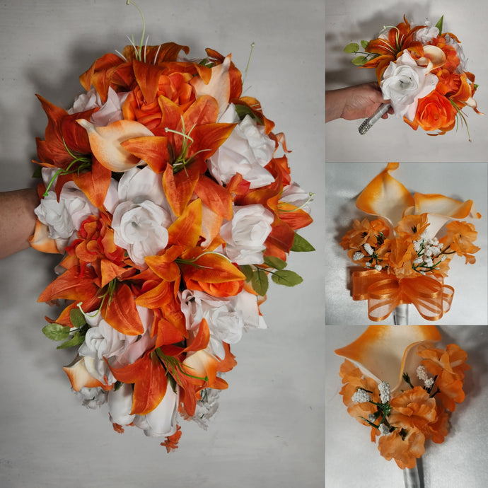 Orange White Rose Tiger Lily Bridal Wedding Bouquet Accessories