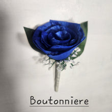 Load image into Gallery viewer, Royal Blue Silver Rose Calla Lily Sola Wood Bridal Wedding Bouquet Accessories