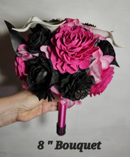 Load image into Gallery viewer, Fuchsia Pink Black Rose Calla Lily Bridal Wedding Bouquet Accessories