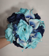 Load image into Gallery viewer, Turquoise Navy Blue Rose Calla Lily Bridal Wedding Bouquet Accessories