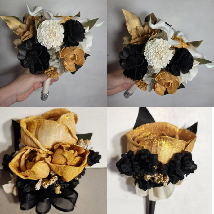 Gold Ivory Black Rose Calla Lily Sola Wood Bridal Wedding Bouquet Accessories