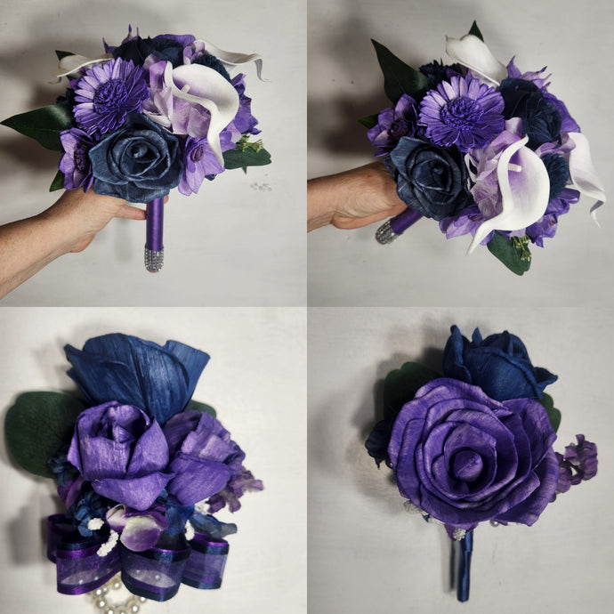 Purple Navy Blue Rose Calla Lily Sola Bridal Wedding Bouquet Accessories