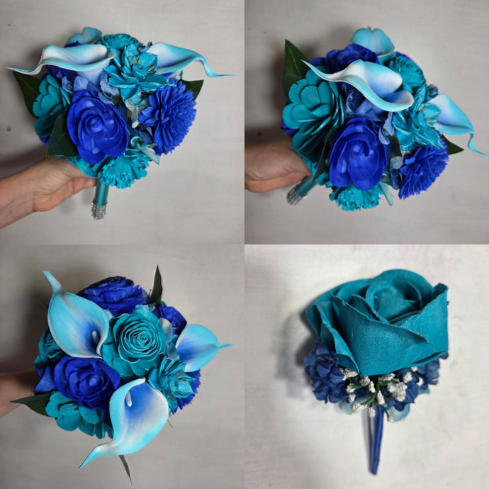 Teal Royal Blue Rose Calla Lily Sola Wood Bridal Wedding Bouquet Accessories