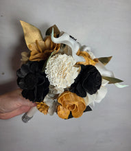 Load image into Gallery viewer, Gold Ivory Black Rose Calla Lily Sola Wood Bridal Wedding Bouquet Accessories